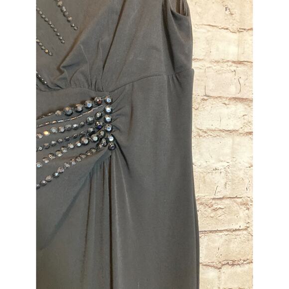 Grace Hill Midi Dress Womens 14 Black LBD Beaded Draped Ruched Sleeveless Sheath - Picture 8 of 15